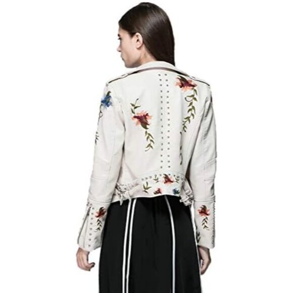 Women Beige Floral Embroidered Faux Leather Jacket PU Coat Stylish Outerwear - Picture 6 of 7